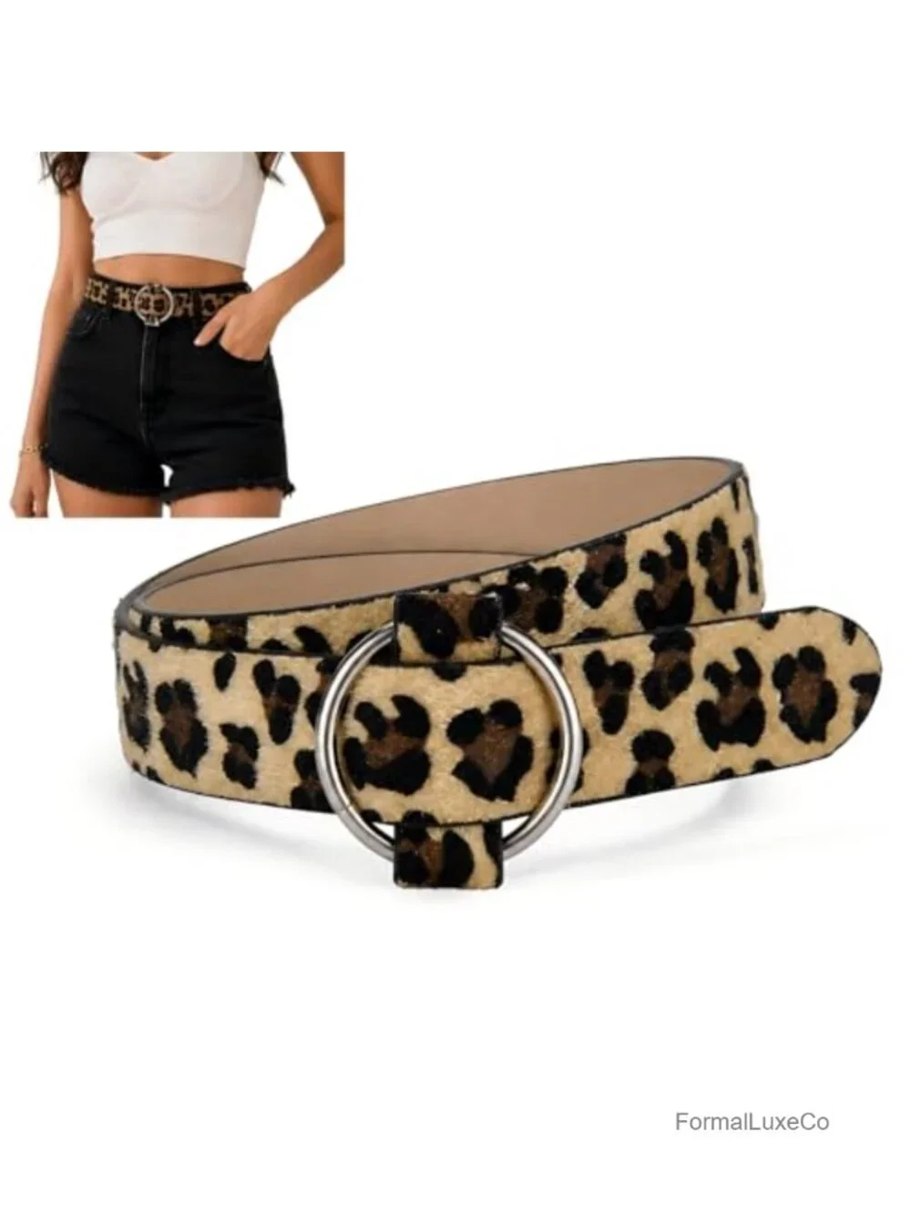 Women's Leopard Print Faux Leather Belt, No-Hole Adjustable O-Ring